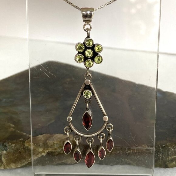 Sterling Silver 925 Red Garnet & Peridot Chandelier Pendant Necklace 20" Chain - Picture 2 of 16